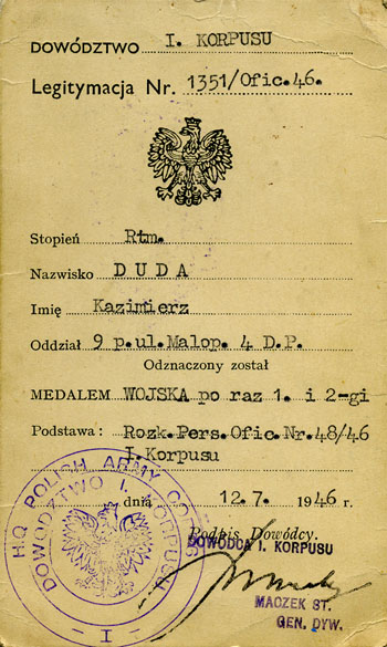 Legitymacja de la Médaille Militaire Polonaise remis par le général Maczek - 12/07/1946